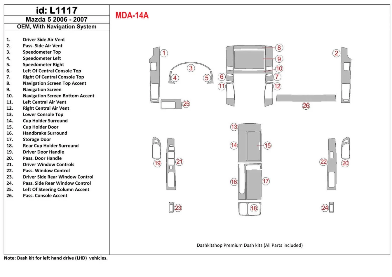 Mazda RX-7 1993-1995 Full Set, 5 Parts set Interior BD Dash Trim Kit - 1 - Interior Dash Trim Kit
