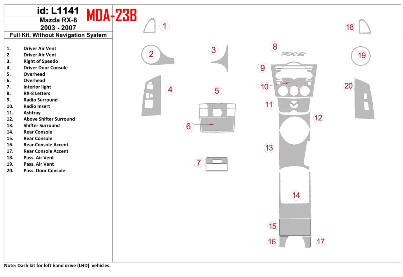 Mazda RX-8 2003-2007 Full Set, Without NAVI system Interior BD Dash Trim Kit - 1 - Interior Dash Trim Kit
