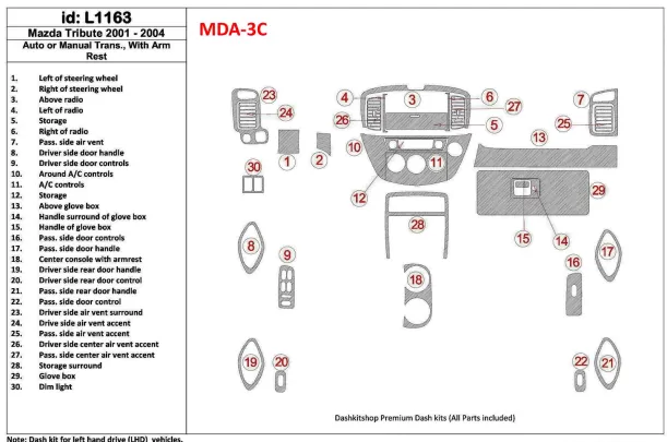 Mazda Tribute 2001-2004 Auto or Manual Gearbox , With Armrest Console Interior BD Dash Trim Kit - 1 - Interior Dash Trim Kit Mazda Tribute 2001-2004 Auto or Manual Gearbox , With Armrest Console Interior BD Dash Trim Kit - 1 - Interior Dash Trim Kit