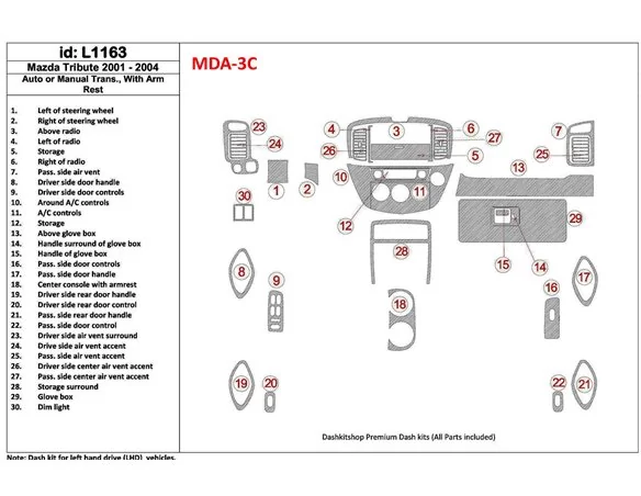 Mazda Tribute 2001-2004 Auto or Manual Gearbox , With Armrest Console Interior BD Dash Trim Kit - 1 - Interior Dash Trim Kit