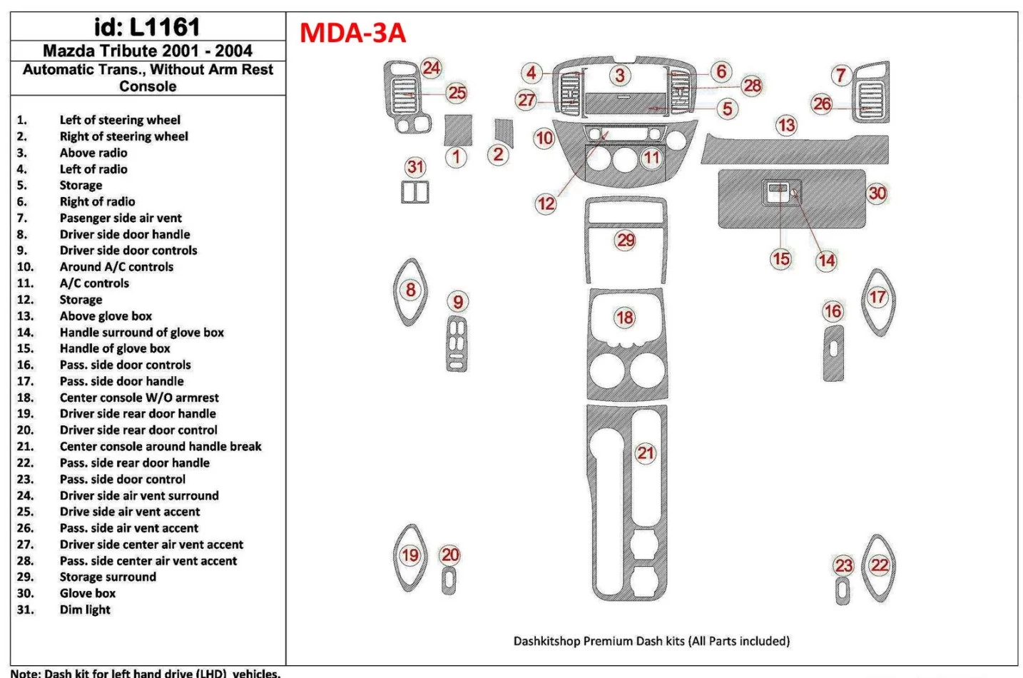 Mazda Tribute 2001-2004 Automatic Gearbox , Without Armrest Console Interior BD Dash Trim Kit - 1 - Interior Dash Trim Kit
