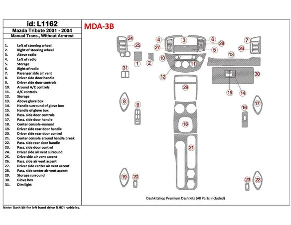 Mazda Tribute 2001-2004 Manual Gearbox , Without Armrest Console Interior BD Dash Trim Kit - 1 - Interior Dash Trim Kit