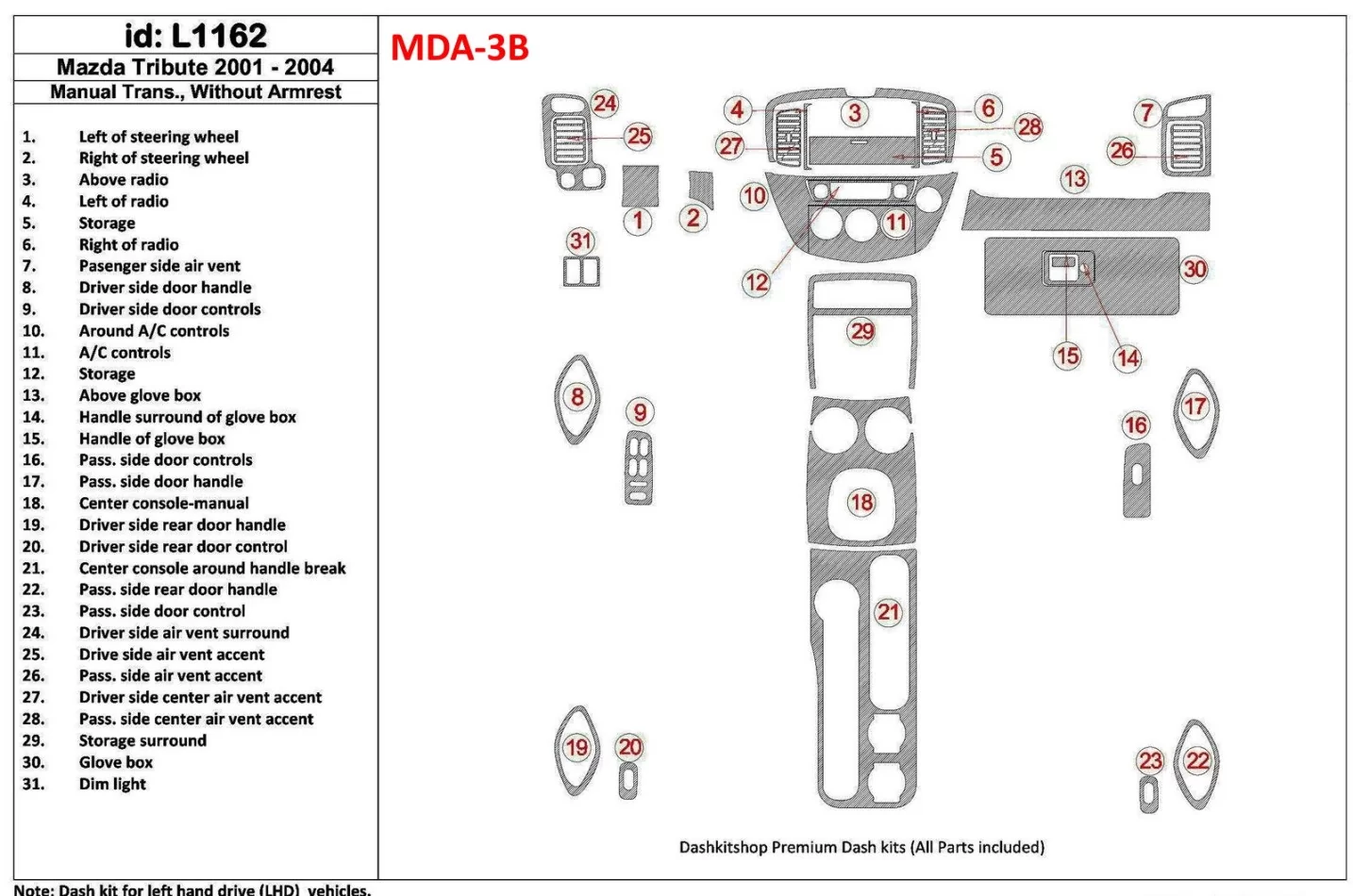 Mazda Tribute 2001-2004 Manual Gearbox , Without Armrest Console Interior BD Dash Trim Kit - 1 - Interior Dash Trim Kit