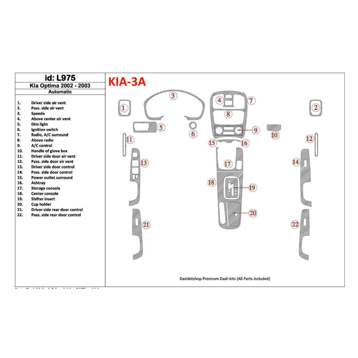 Kia Optima 2002-2003 Automatic Gearbox Interior BD Dash Trim Kit