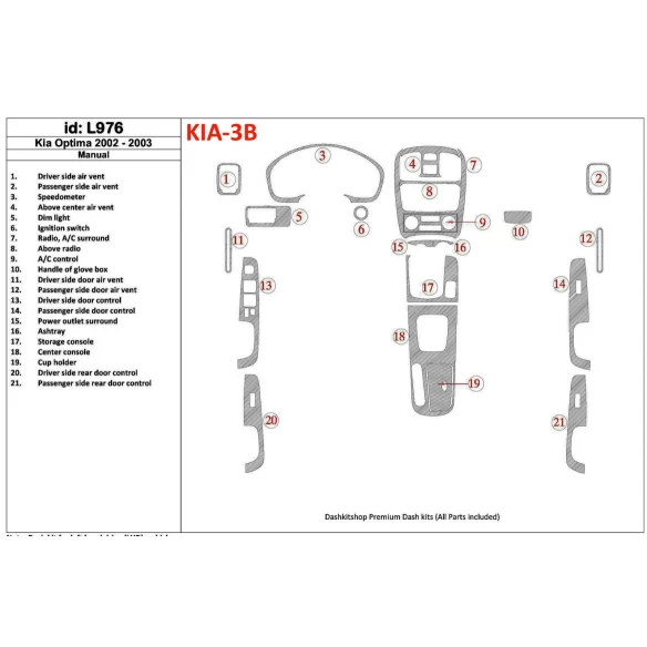 Kia Optima 2002-2003 Manual Gearbox Interior BD Dash Trim Kit