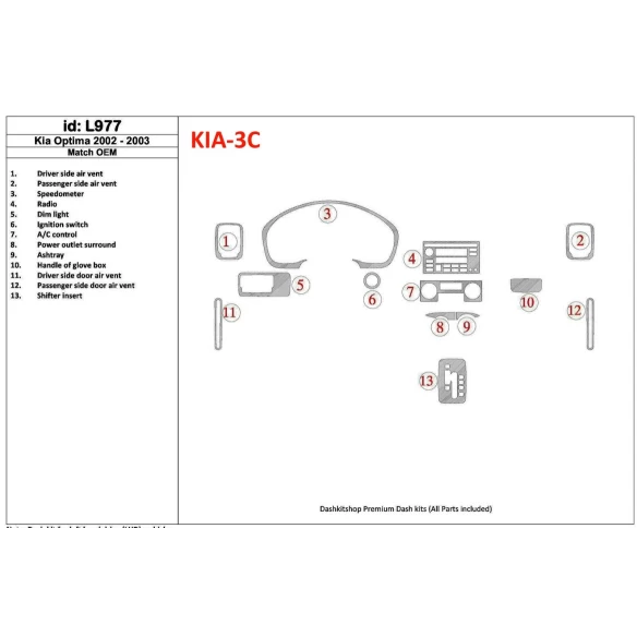 Kia Optima 2002-2003 OEM Compliance Interior BD Dash Trim Kit