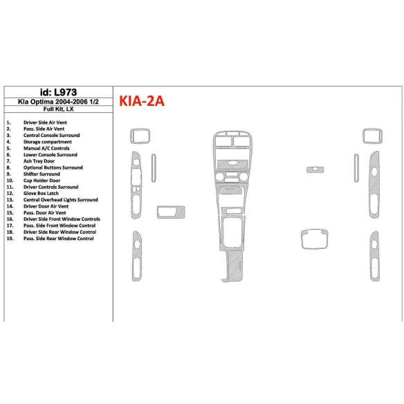 KIA Optima 2004-2006 Full Set, LX, Years: 2004 - 2006 1/2 Interior BD Dash Trim Kit