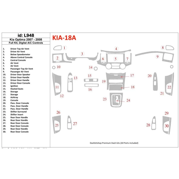 KIA Optima 2007-2008 Full Set, Automatic AC Control Interior BD Dash Trim Kit