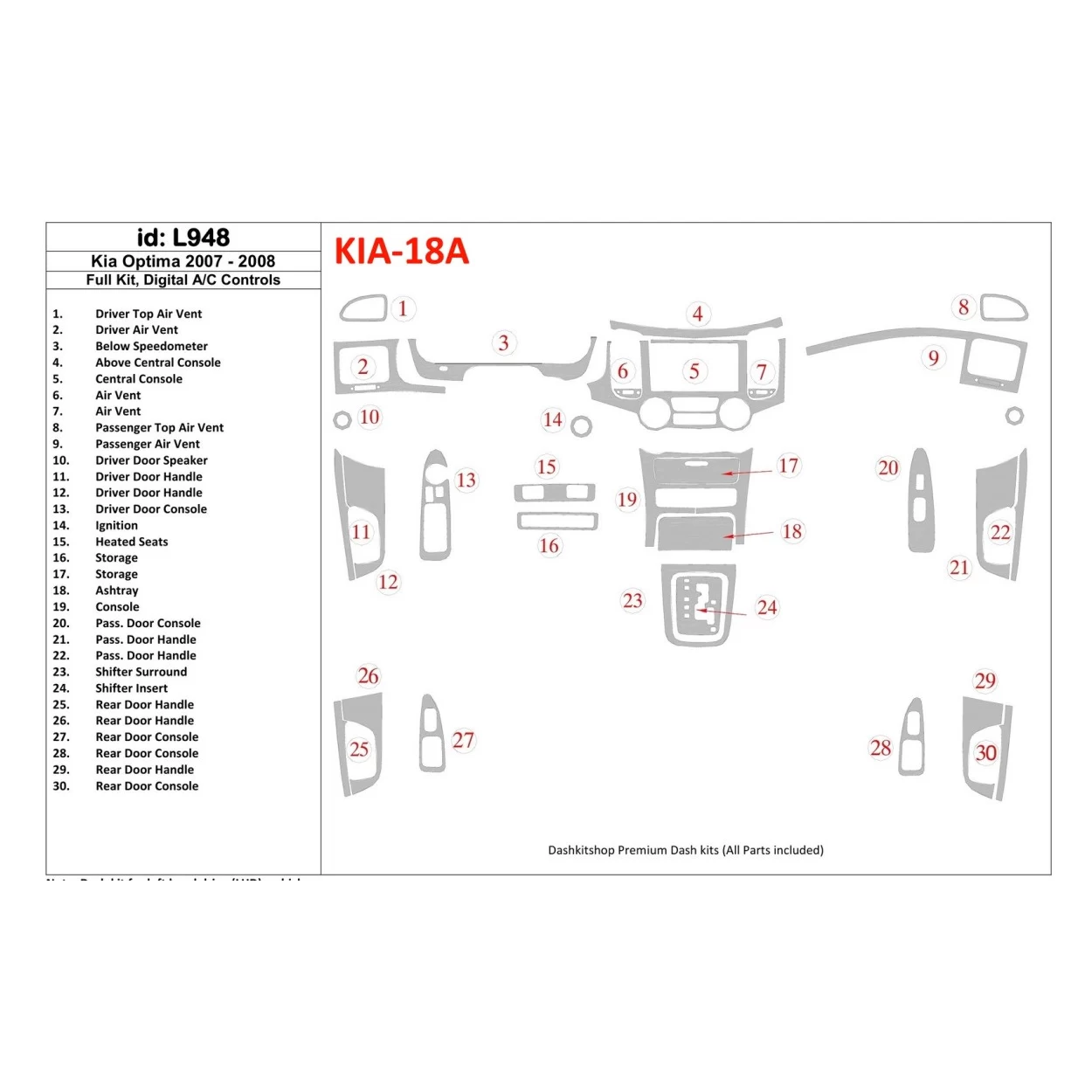 KIA Optima 2007-2008 Full Set, Automatic AC Control Interior BD Dash Trim Kit