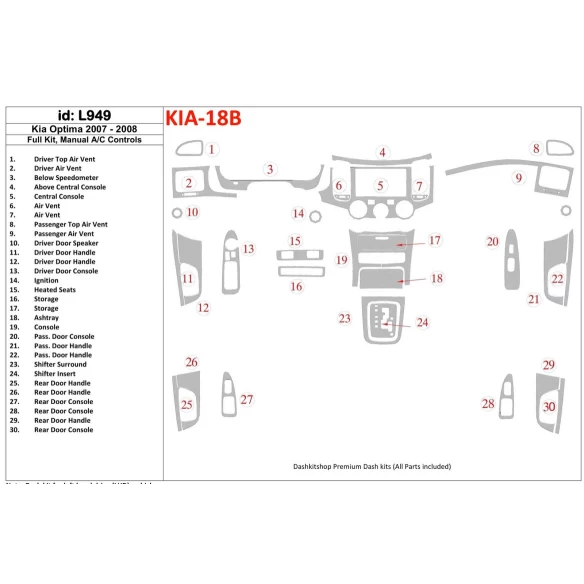 KIA Optima 2007-2008 Full Set, Manual Gearbox A/C Controls Interior BD Dash Trim Kit