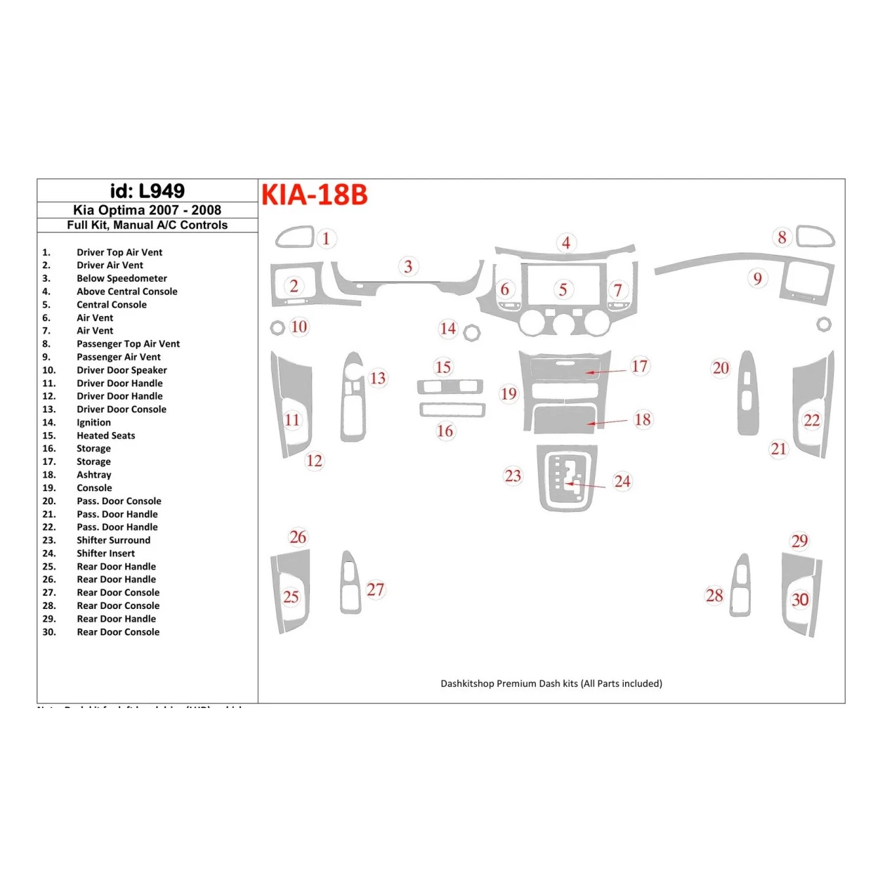 KIA Optima 2007-2008 Full Set, Manual Gearbox A/C Controls Interior BD Dash Trim Kit