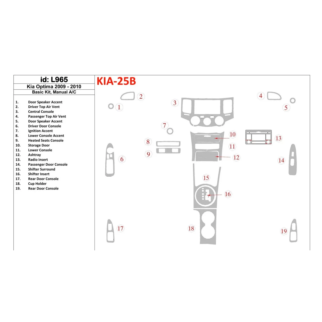 KIA Optima 2009-2010 Basic Set, Manual Gearbox AC Interior BD Dash Trim Kit