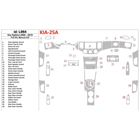 KIA Optima 2009-2010 Full Set, Manual Gearbox AC Interior BD Dash Trim Kit