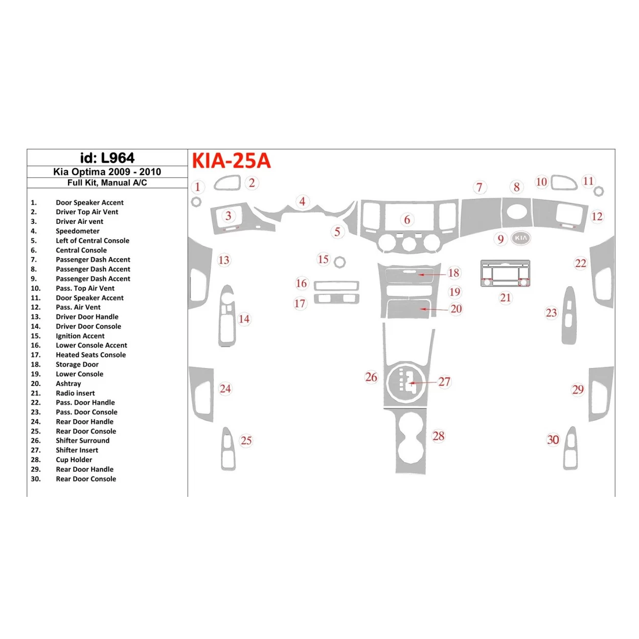 KIA Optima 2009-2010 Full Set, Manual Gearbox AC Interior BD Dash Trim Kit