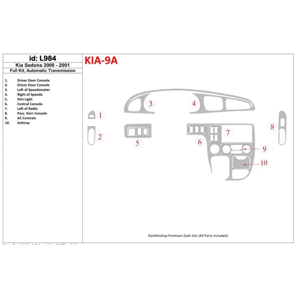 Kia Sedona 2000-2001 Full Set, Automatic Gear Interior BD Dash Trim Kit