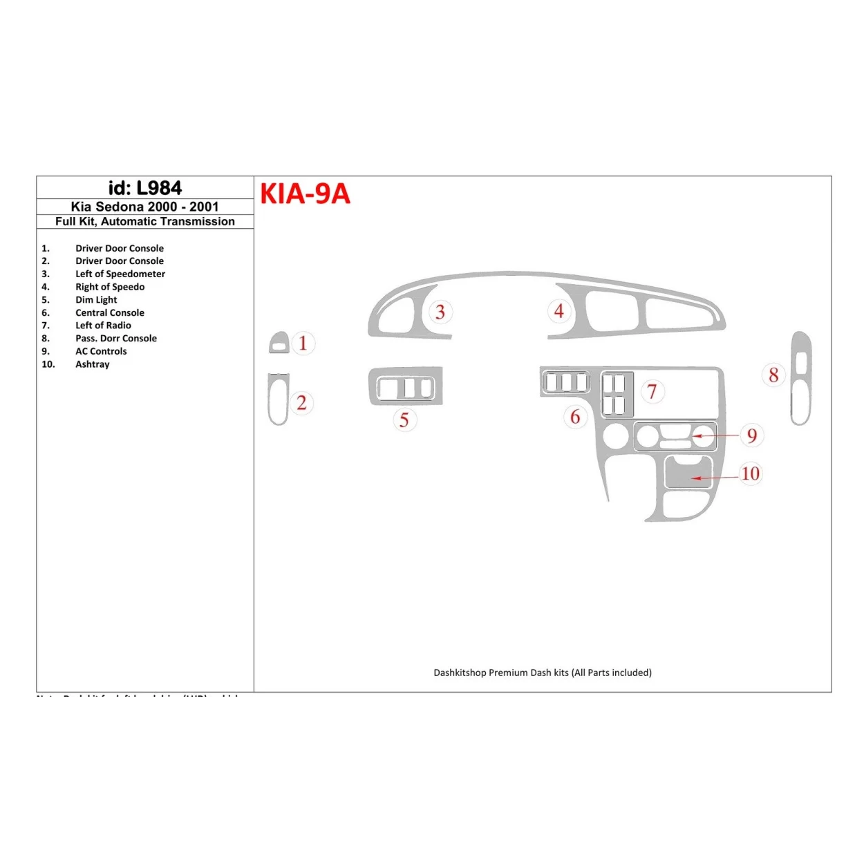 Kia Sedona 2000-2001 Full Set, Automatic Gear Interior BD Dash Trim Kit