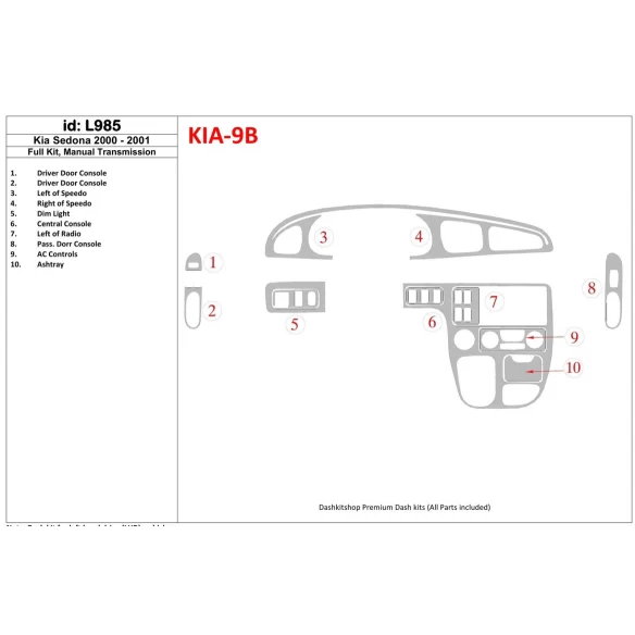 Kia Sedona 2000-2001 Full Set, Manual Gear Box Interior BD Dash Trim Kit
