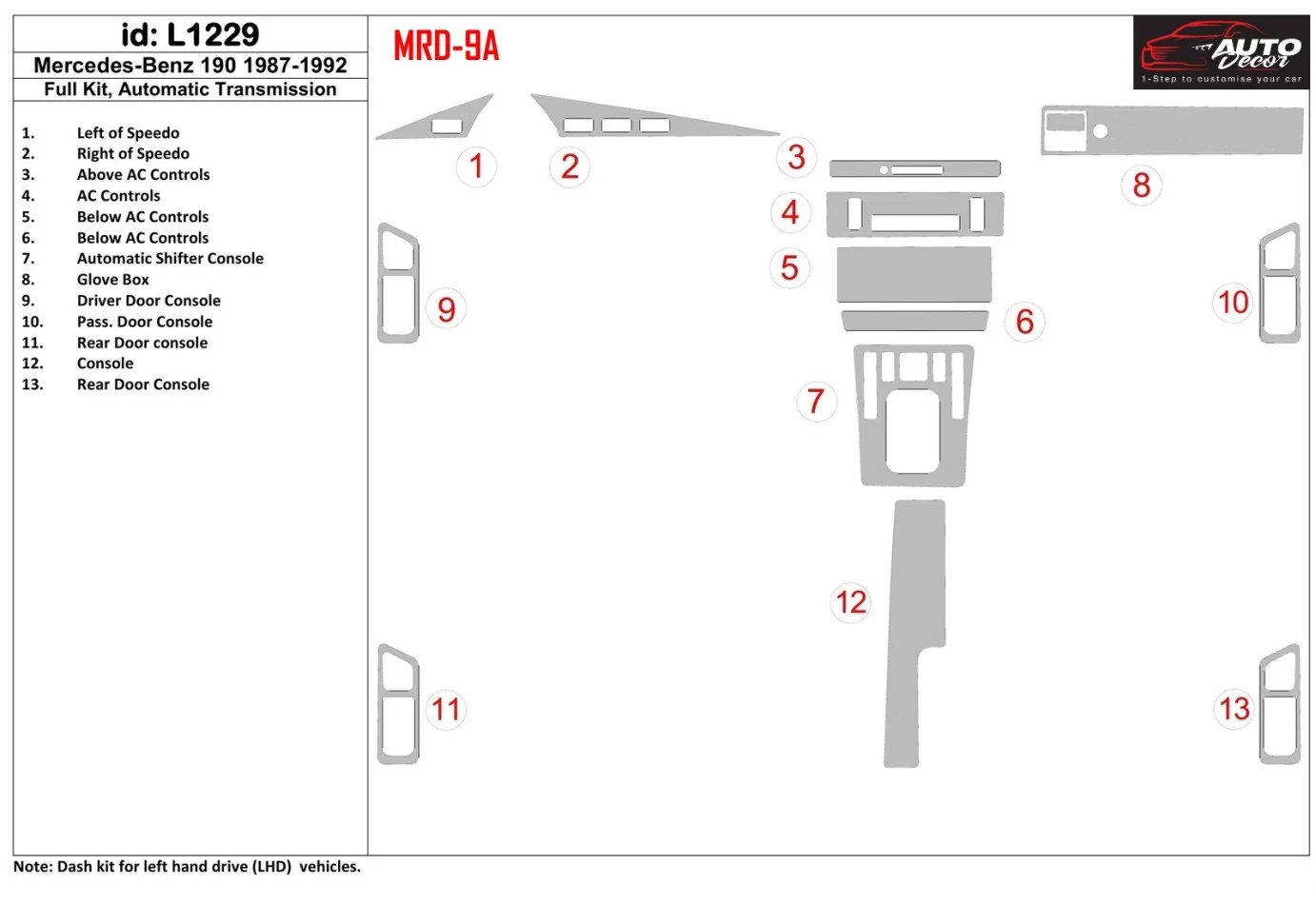 Mercedes Benz 190 1987-1992 Full Set, Automatic Gear Interior BD Dash Trim Kit - 1 - Interior Dash Trim Kit