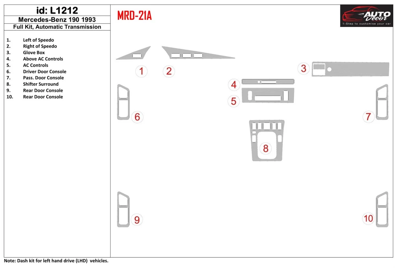 Mercedes Benz 190 1993-1993 Full Set, Manual Gear Box Interior BD Dash Trim Kit - 1 - Interior Dash Trim Kit