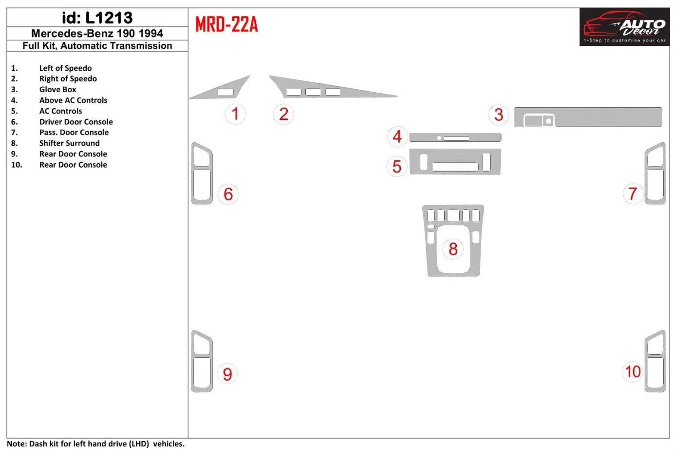 Mercedes Benz 190 1994-1994 Full Set, Manual Gear Box Interior BD Dash Trim Kit - 1 - Interior Dash Trim Kit