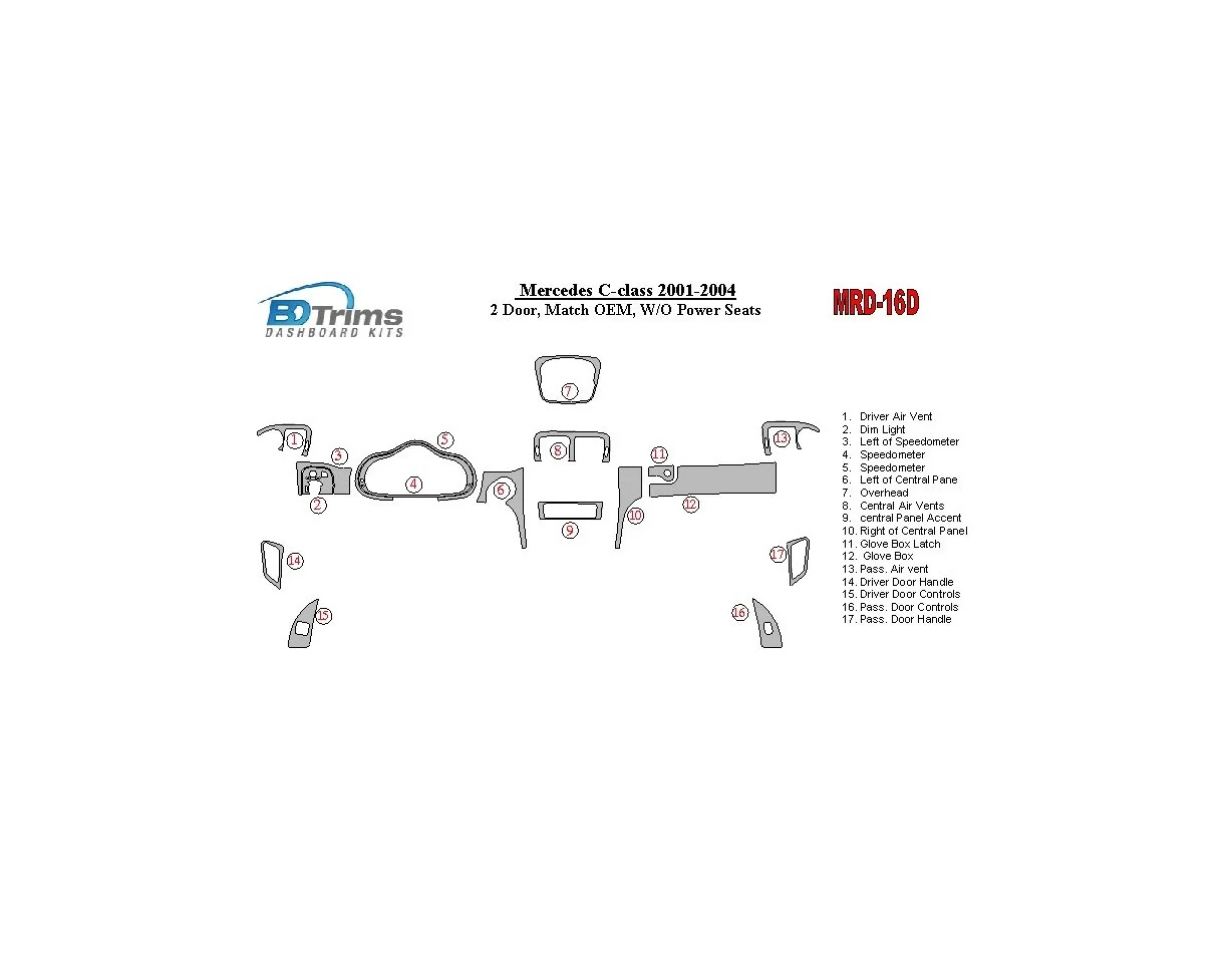 Mercedes Benz C Class 2001-2004 2 Doors, OEM Compliance, W/O Power Seats Interior BD Dash Trim Kit - 1 - Interior Dash Trim Kit