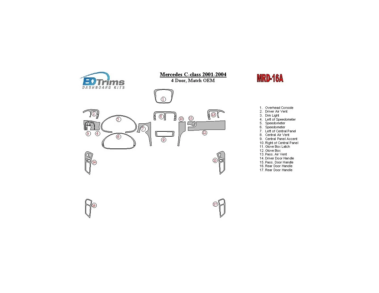 Mercedes Benz C Class 2001-2004 4 Doors, OEM Compliance Interior BD Dash Trim Kit - 1 - Interior Dash Trim Kit