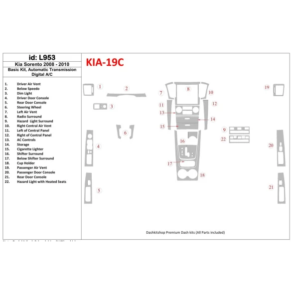 KIA Sorento 2008-2010 Basic Set, Automatic Gear, Without Heated Seats Interior BD Dash Trim Kit