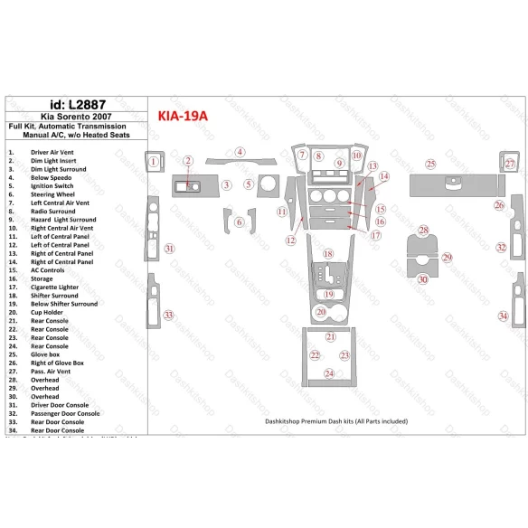 KIA Sorento 2008-2010 Ful Kit, Automatic Gear, Without Heated Seats Interior BD Dash Trim Kit