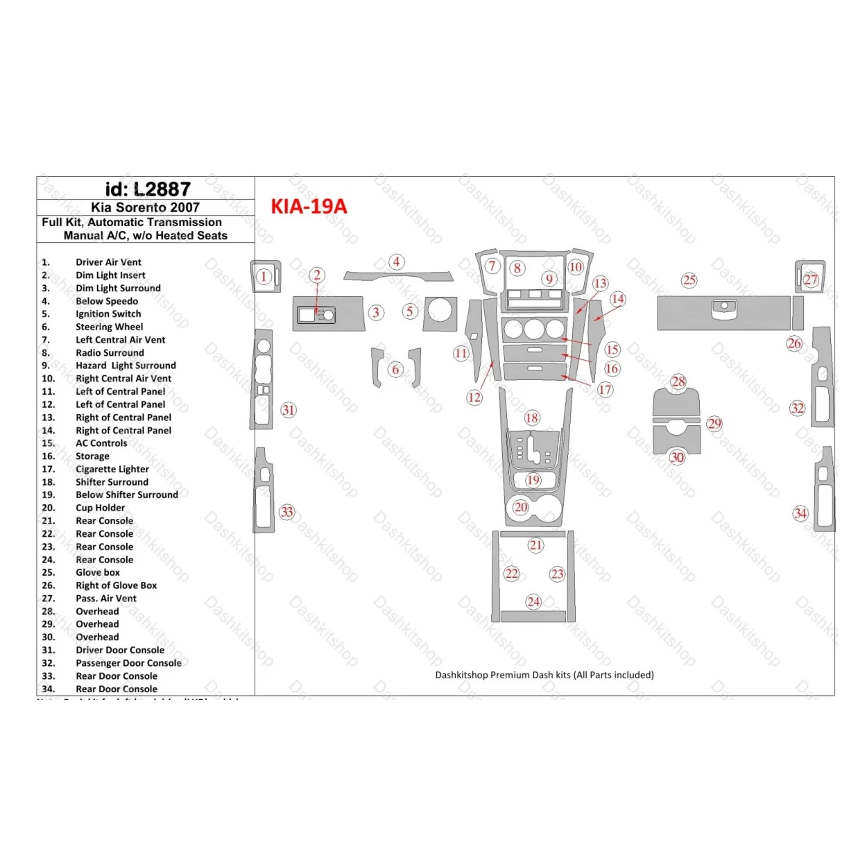 KIA Sorento 2008-2010 Ful Kit, Automatic Gear, Without Heated Seats Interior BD Dash Trim Kit