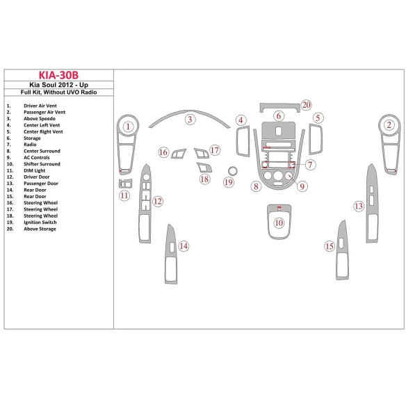 Kia Soul 2012-UP Full Set Without UVO Radio Interior BD Dash Trim Kit