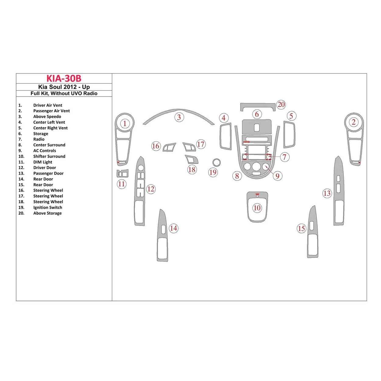 Kia Soul 2012-UP Full Set Without UVO Radio Interior BD Dash Trim Kit