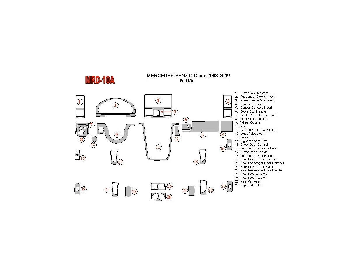 Mercedes Benz G Class 2002-UP Full Set, OEM Compliance, 25 Parts set Interior BD Dash Trim Kit - 1 - Interior Dash Trim Kit