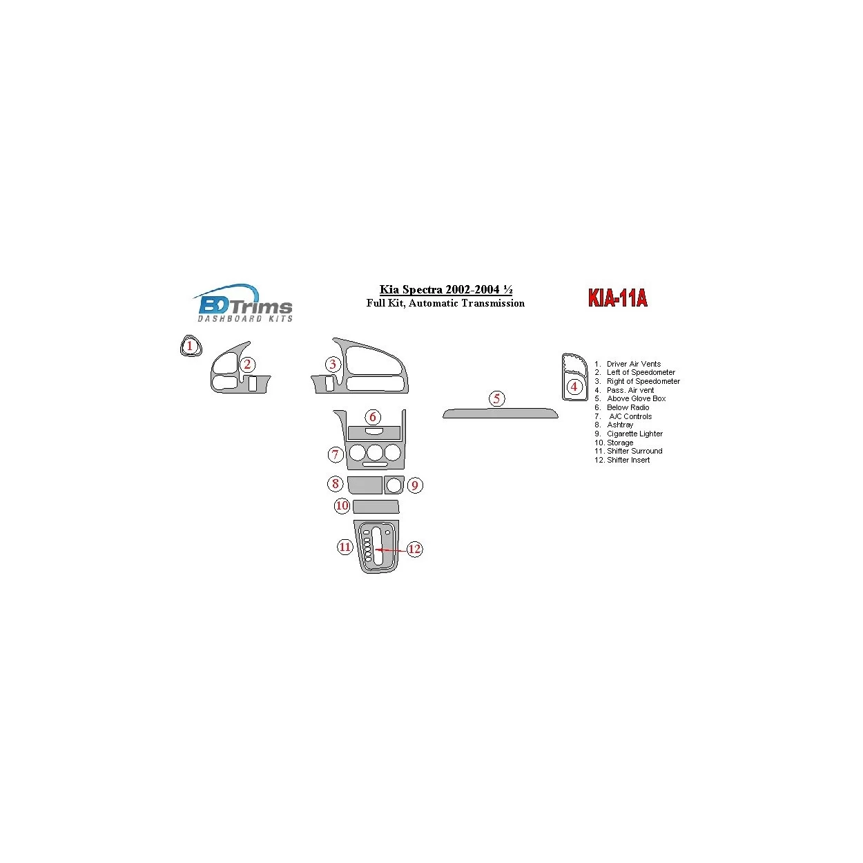 Kia Spectra 2002-2004 Full Set, Automatic Gear Interior BD Dash Trim Kit