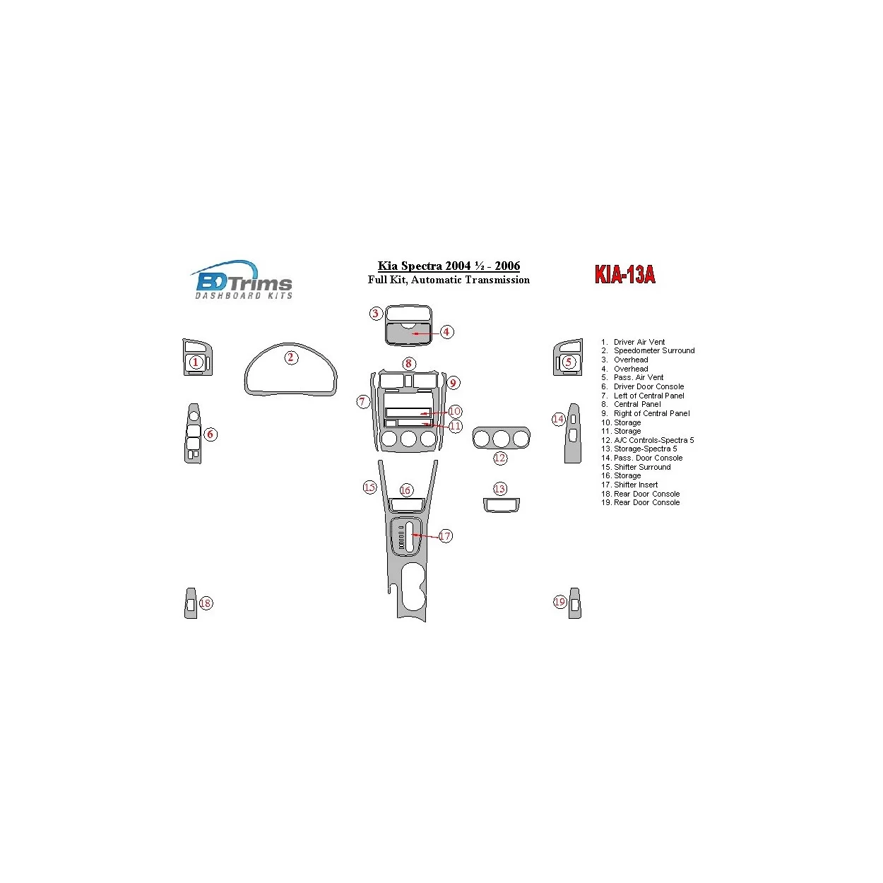 Kia Spectra 2004-2006 Full Set, Automatic Gear Interior BD Dash Trim Kit