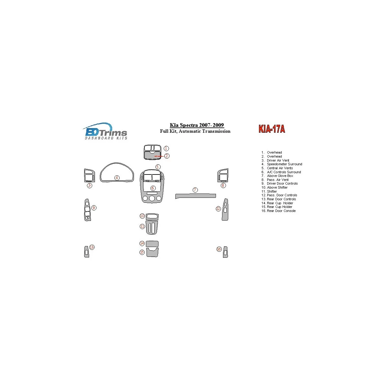 KIA Spectra 2007-UP Full Set, Automatic Gear Interior BD Dash Trim Kit