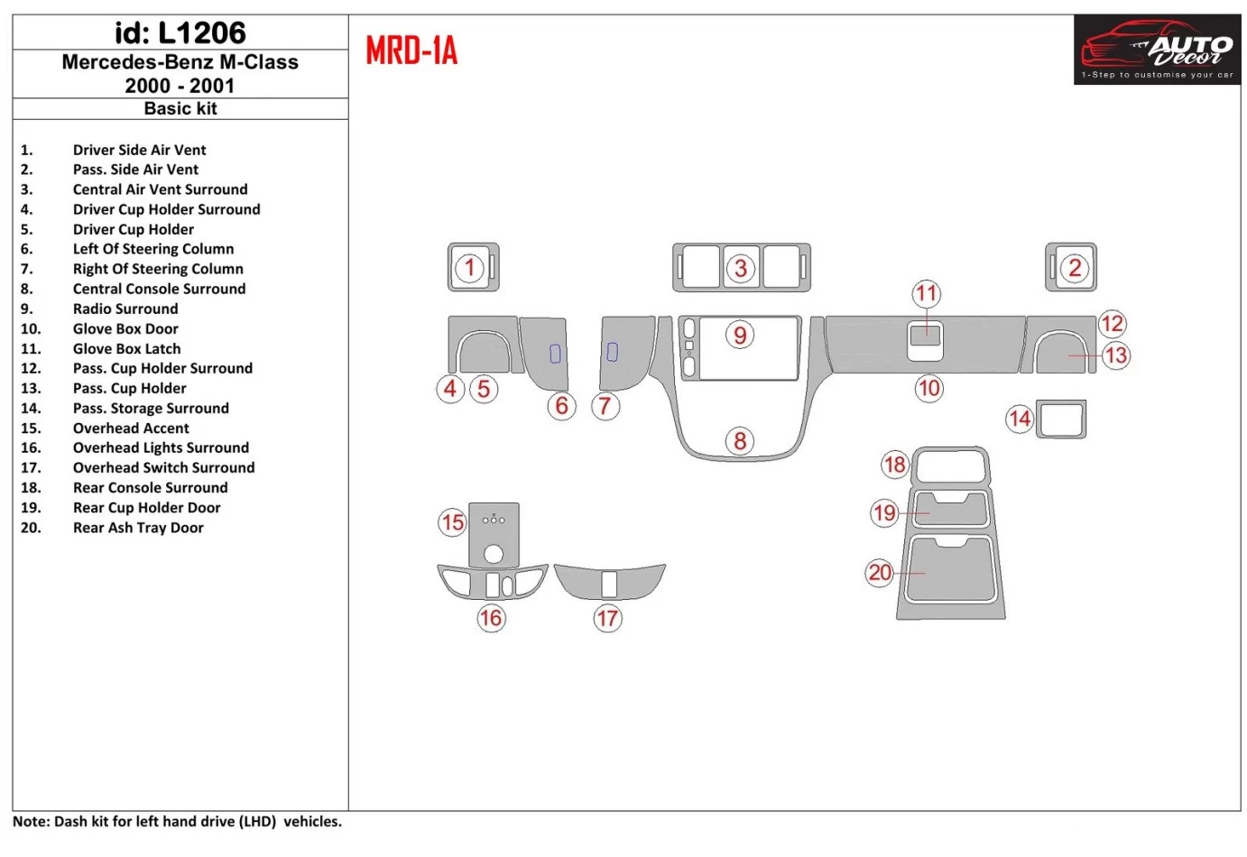 Mercedes Benz M Class 2000-2001 Base Kit Interior BD Dash Trim Kit - 1 - Interior Dash Trim Kit