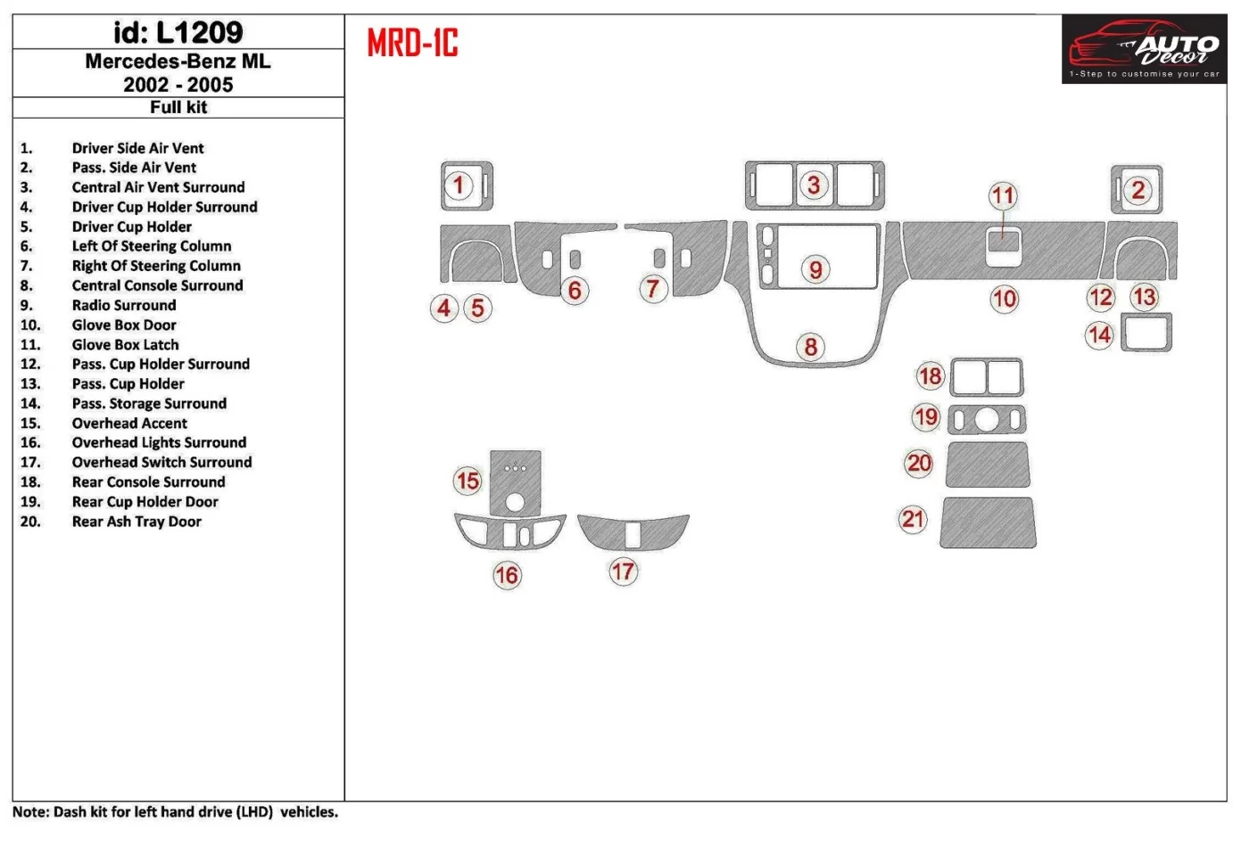 Mercedes Benz M Class 2002-2005 Full Set, ML55 Interior BD Dash Trim Kit - 1 - Interior Dash Trim Kit