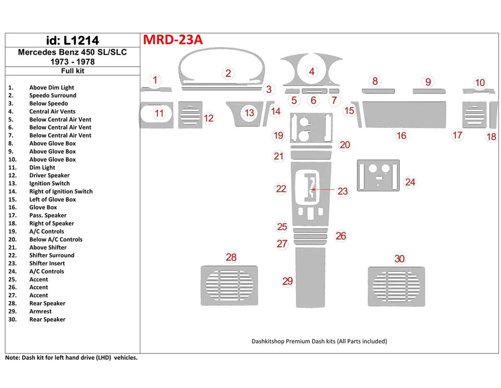 Mercedes Benz R107 450 SL/SLC 1973-1978 Full Set Interior BD Dash Trim Kit - 1 - Interior Dash Trim Kit