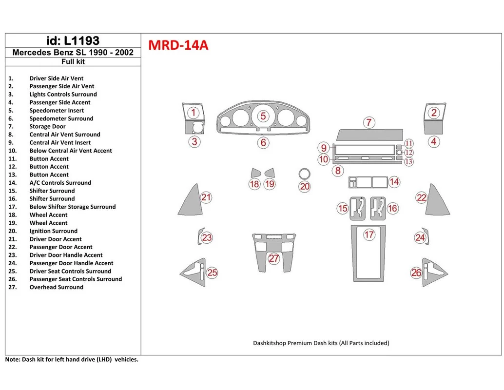 Mercedes Benz R129 SL Class 1990-2002 Full Set Interior BD Dash Trim Kit - 1 - Interior Dash Trim Kit