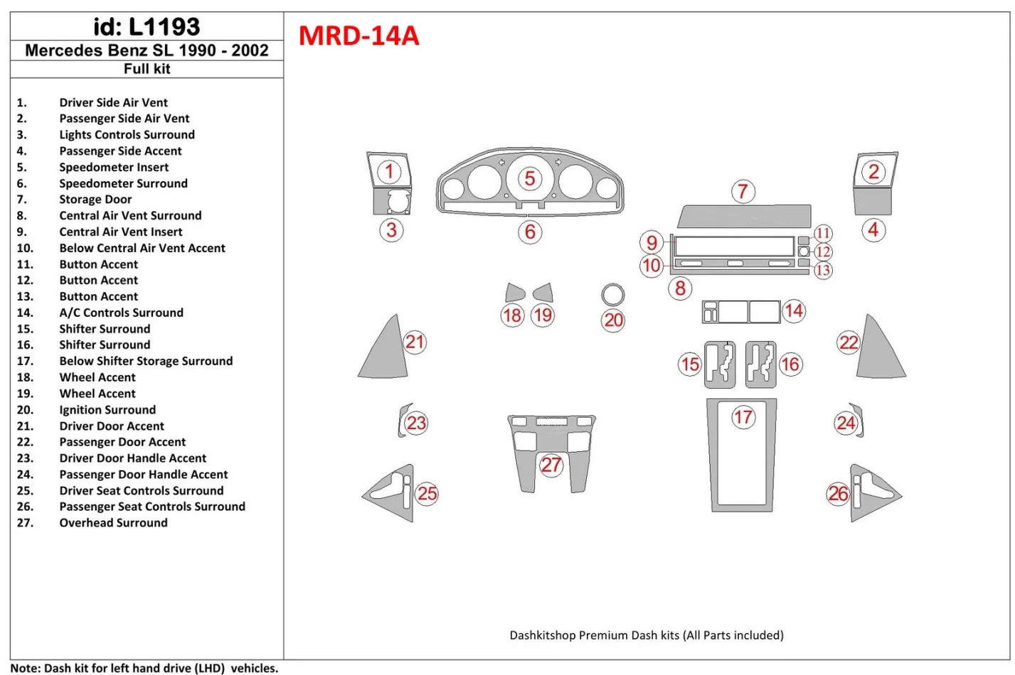 Mercedes Benz R129 SL Class 1990-2002 Full Set Interior BD Dash Trim Kit - 1 - Interior Dash Trim Kit