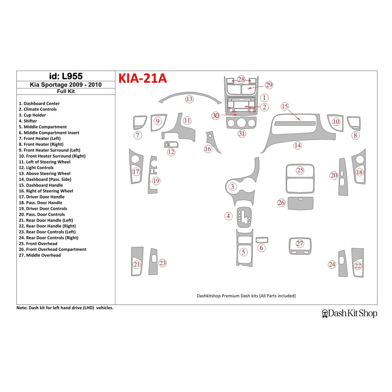 KIA Sportage 2009-2010 Full Set Interior BD Dash Trim Kit