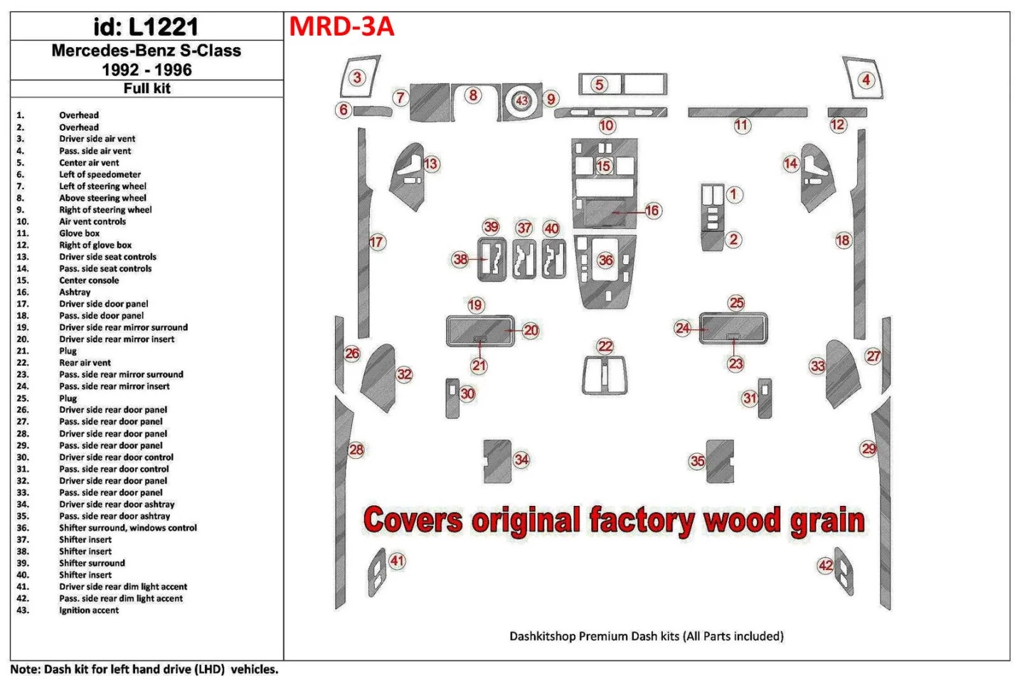 Mercedes Benz S Class W140 1992-1996 Full Set, Cover All OEM Wood Kit Interior BD Dash Trim Kit - 1 - Interior Dash Trim Kit