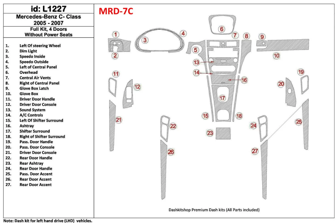 Mercedes Benz W203 C Class 2005-2007 Full Set, 4 Doors Coupe, Without Power Seats Interior BD Dash Trim Kit - 1 - Interior Dash 