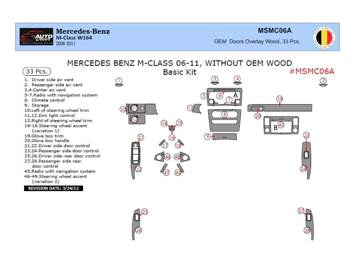 Mercedes ML-Class W164 2006-2011 3D Interior Dashboard Trim Kit Dash Trim Dekor 33-Parts - 1 - Interior Dash Trim Kit