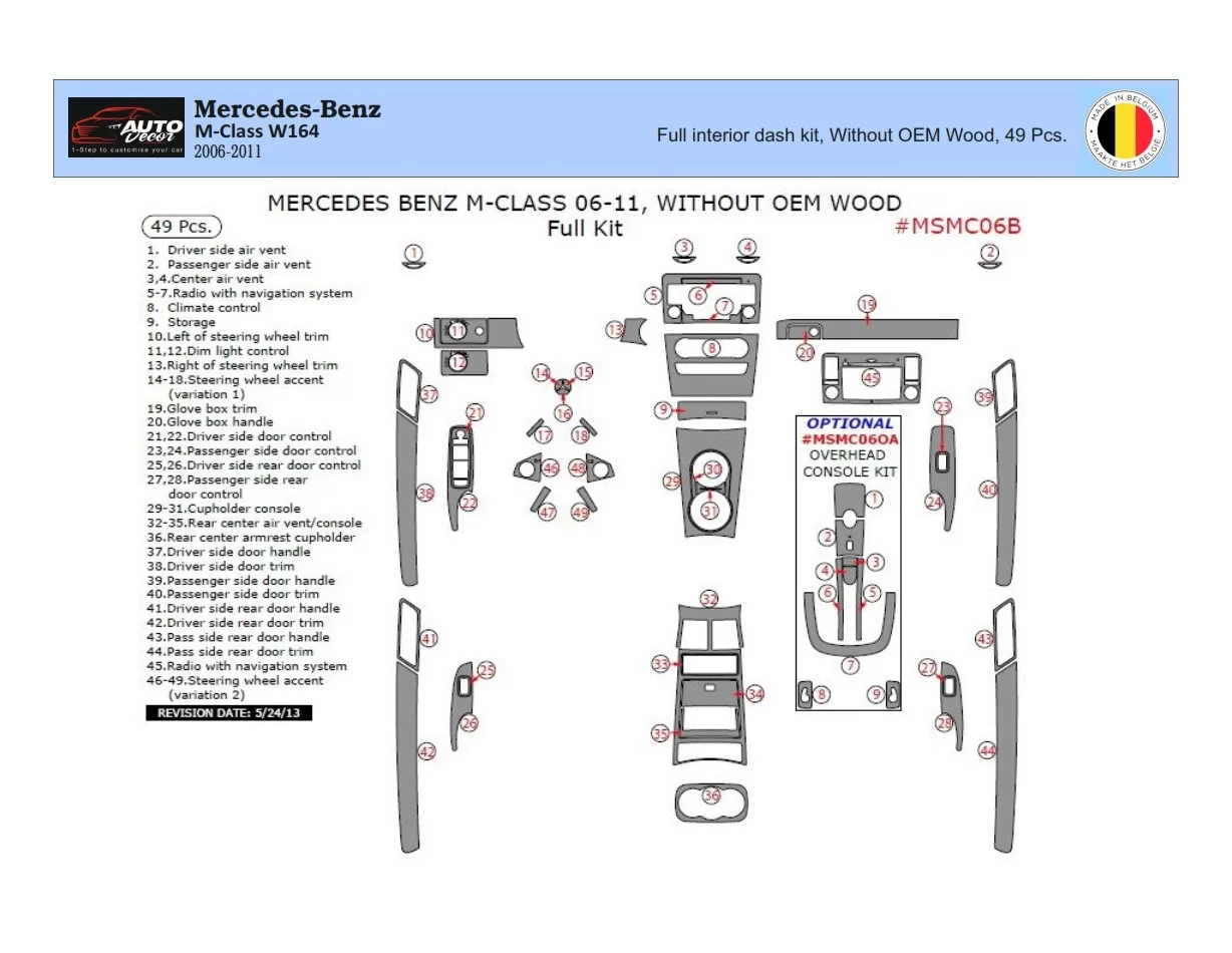 Mercedes ML-Class W164 2006-2011 3D Interior Dashboard Trim Kit Dash Trim Dekor 49-Parts - 1 - Interior Dash Trim Kit