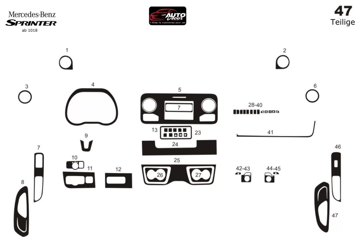 Mercedes Sprinter W907 2018 3D Interior Dashboard Trim Kit Dash Trim Dekor 47-Parts - 1 - Interior Dash Trim Kit