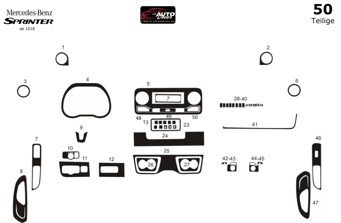 Mercedes Sprinter W907 2018 3D Interior Dashboard Trim Kit Dash Trim Dekor 50-Parts - 1 - Interior Dash Trim Kit