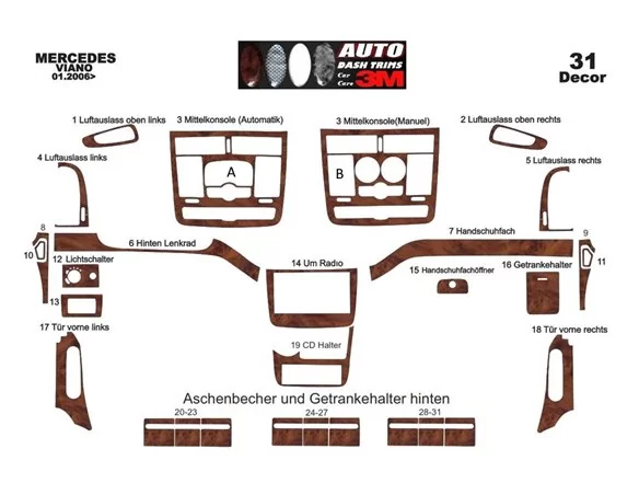 Mercedes Viano W639 01.2006 3D Interior Dashboard Trim Kit Dash Trim Dekor 31-Parts - 1 - Interior Dash Trim Kit