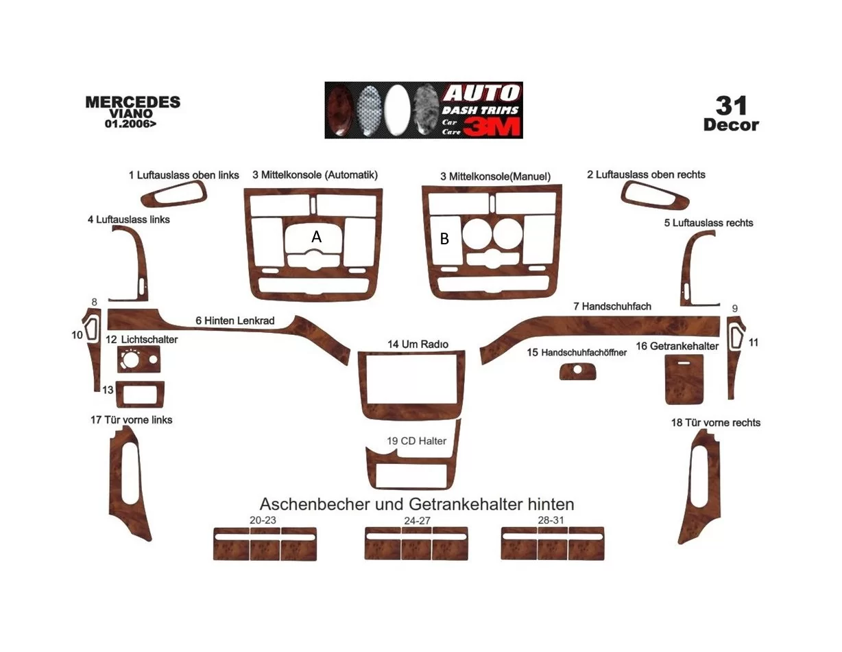 Mercedes Viano W639 01.2006 3D Interior Dashboard Trim Kit Dash Trim Dekor 31-Parts - 1 - Interior Dash Trim Kit