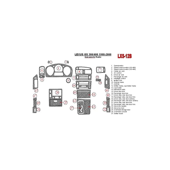 Lexus GS 1998-2000 Nakamichi Radio, OEM Compliance, 26 Parts set Interior BD Dash Trim Kit
